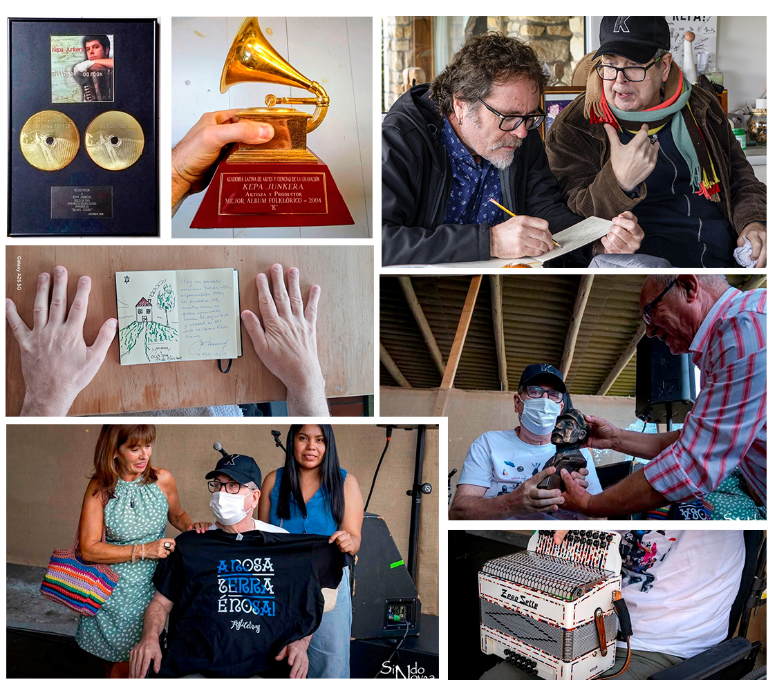 De izq. a derecha: El disco de oro por ‘Bilbao 00:00h’; el Grammy Latino al Mejor Álbum Folk por K (2004); junto a Fermín Aio en el rodaje de ‘Berpiztu’; la dedicatoria del escritor José Saramago; recibiendo un reconocimiento en Festiletras; y su preciada trikitixa. Fotos: Kepa Junkera / Fermín Aio/ Sindo Novo